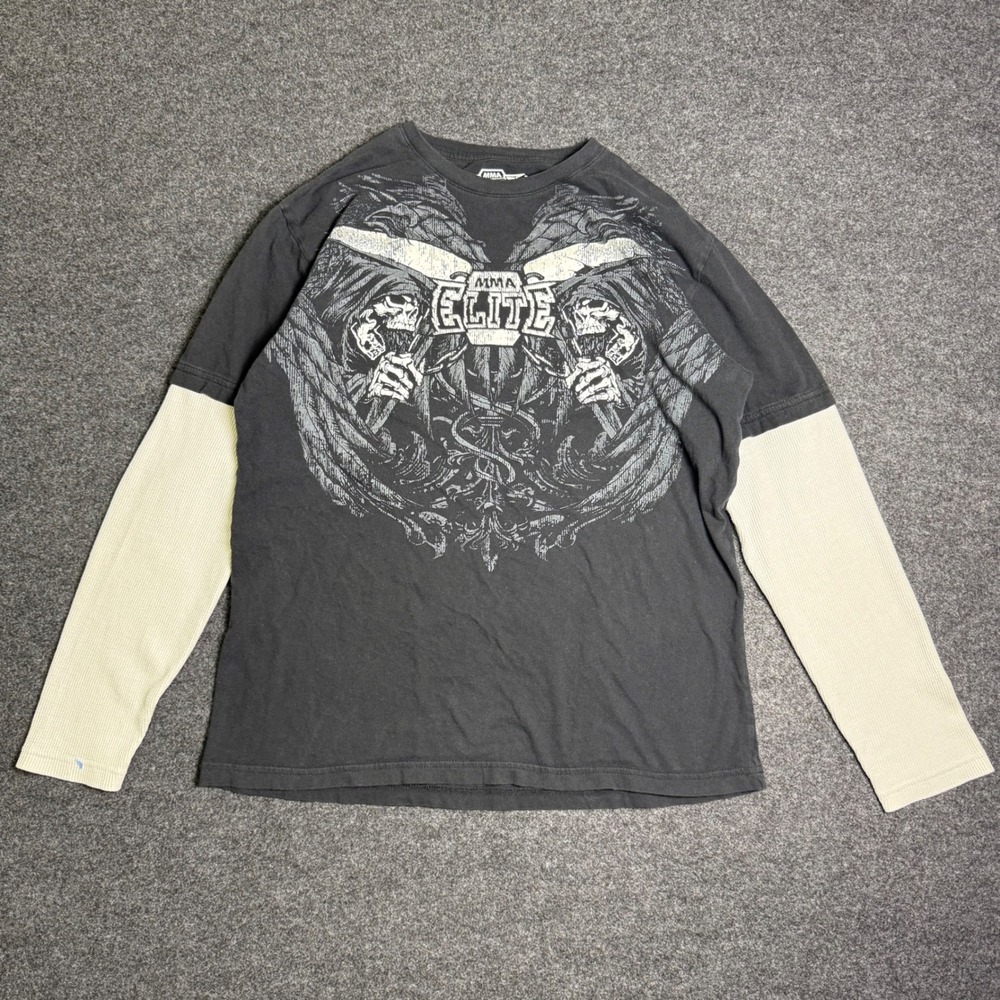 Y2K MMA Elite T-Shirt Mens L Black Reaper Graphic Layered Long Sleeve Goth